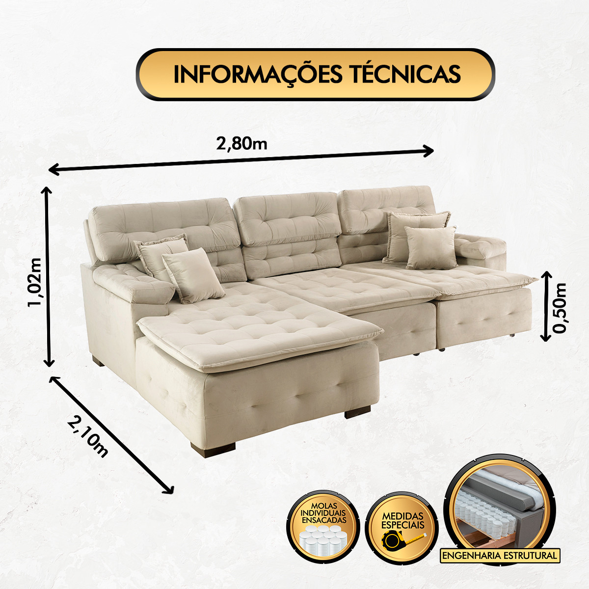 Sofá Orlando 2.80x2.10m com Chaise, Retrátil e Reclinável - Bege