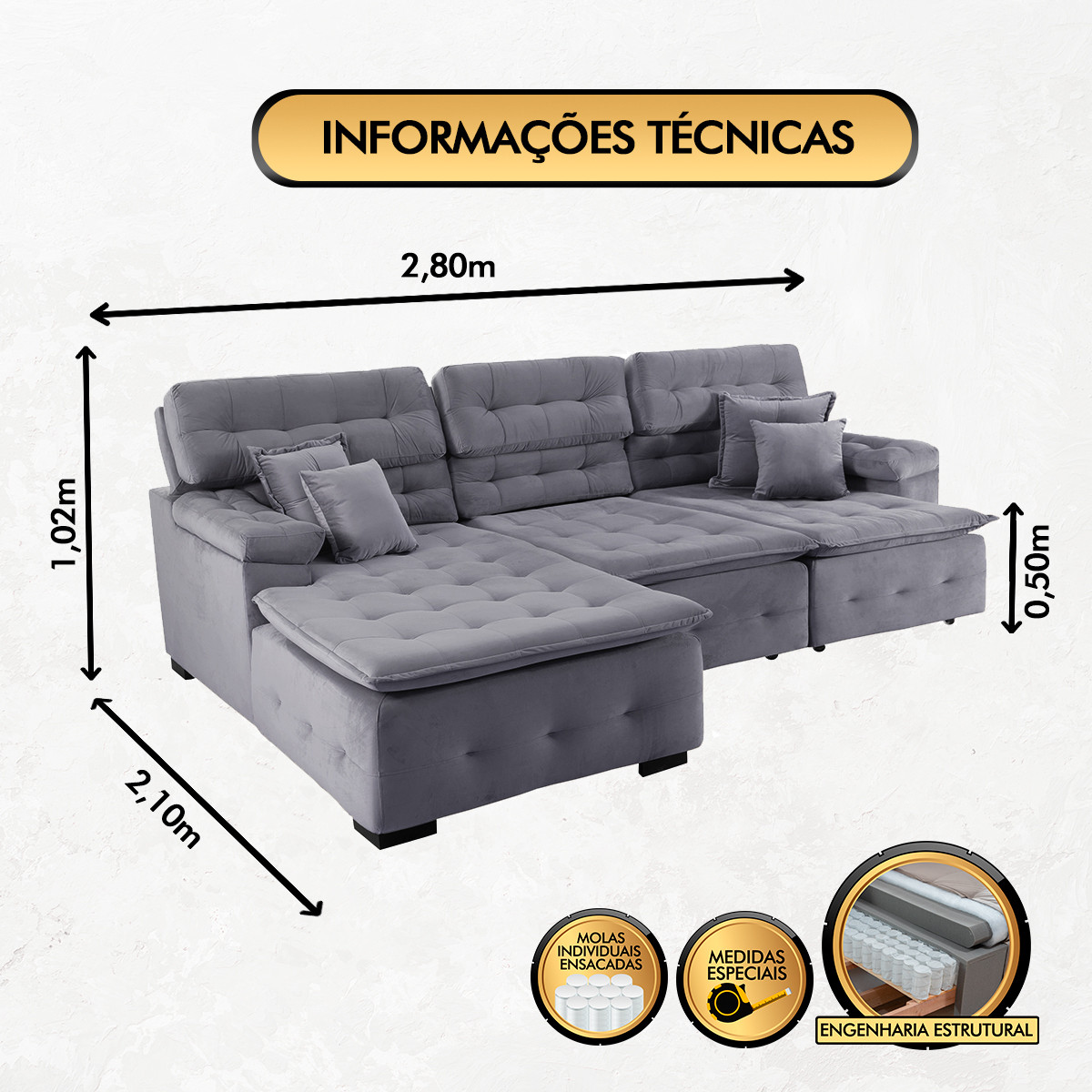 Sofá Orlando 2.80x2.10m com Chaise, Retrátil e Reclinável