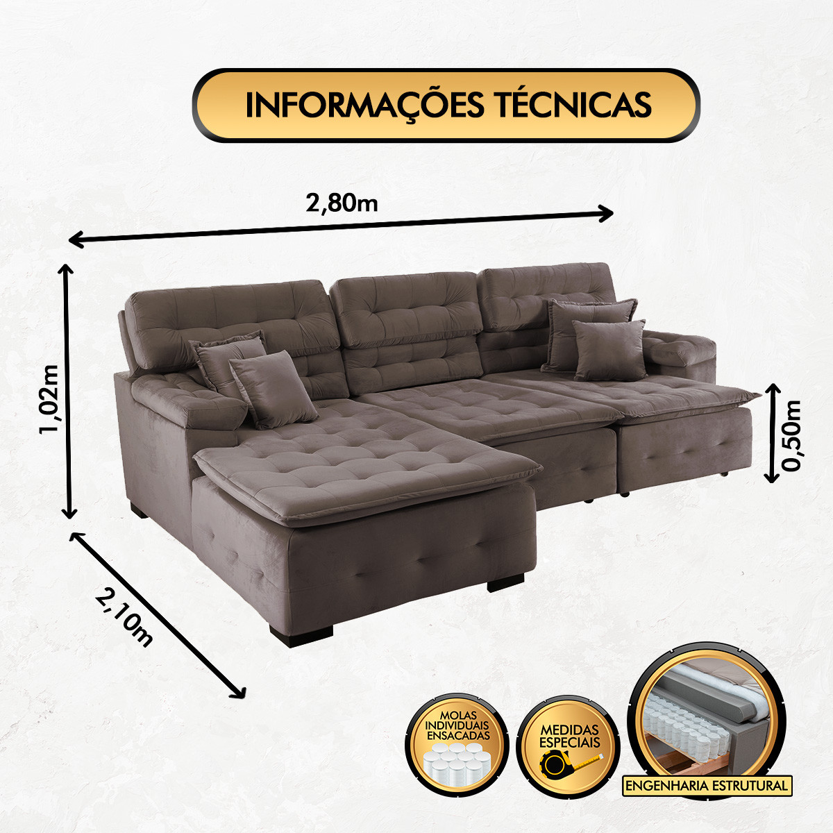 Sofá Orlando 2.80x2.10m com Chaise, Retrátil e Reclinável - Marrom