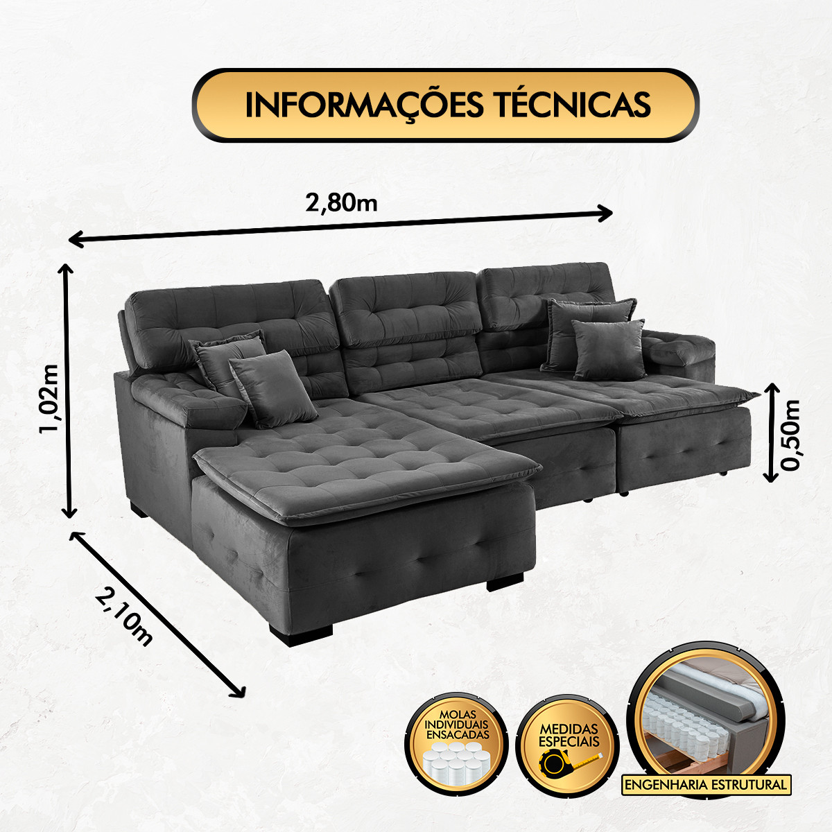 Sofá Orlando 2.80x2.10m com Chaise, Retrátil e Reclinável - Preto