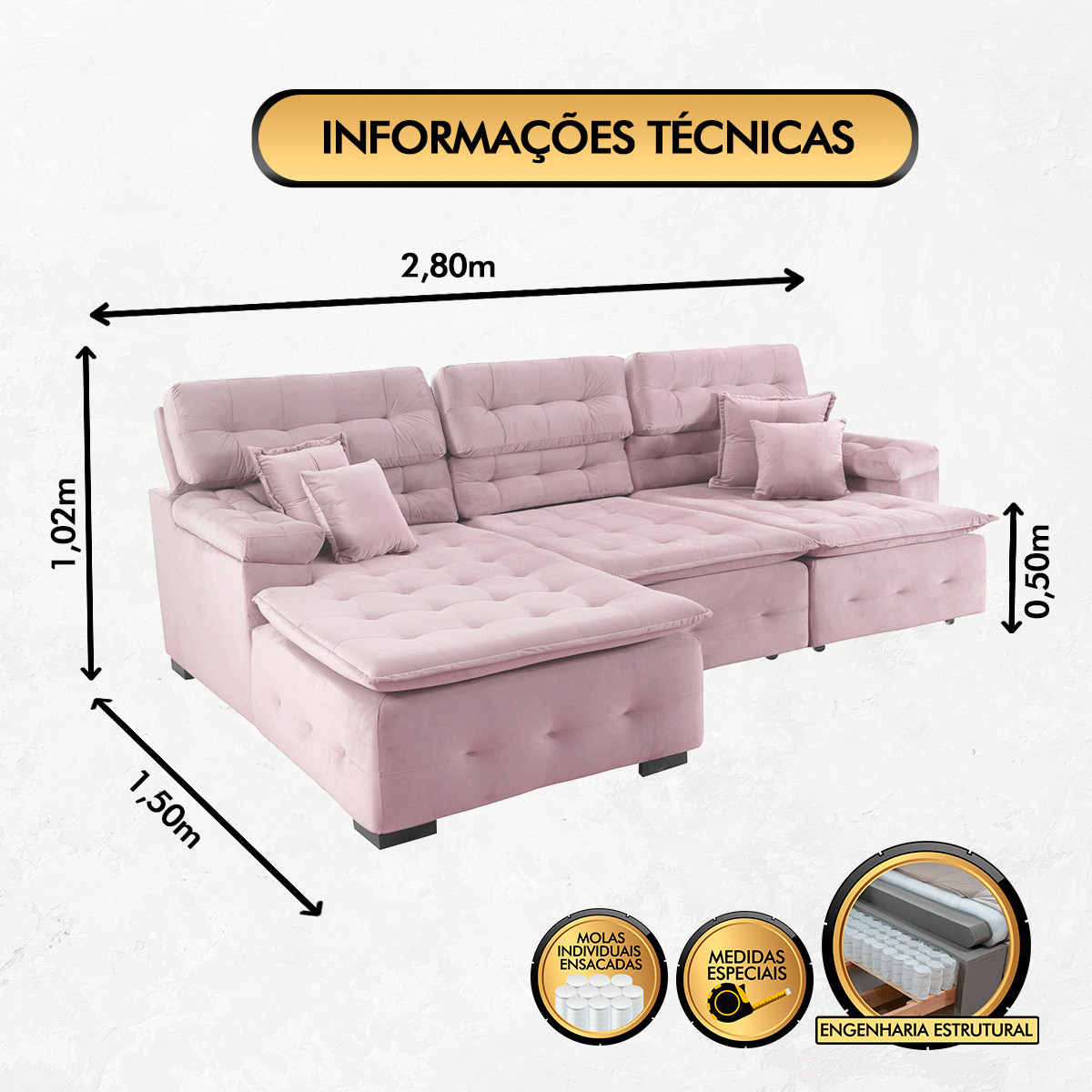 Sofá Orlando 2.80x1.50m com Chaise, Retrátil e Reclinável