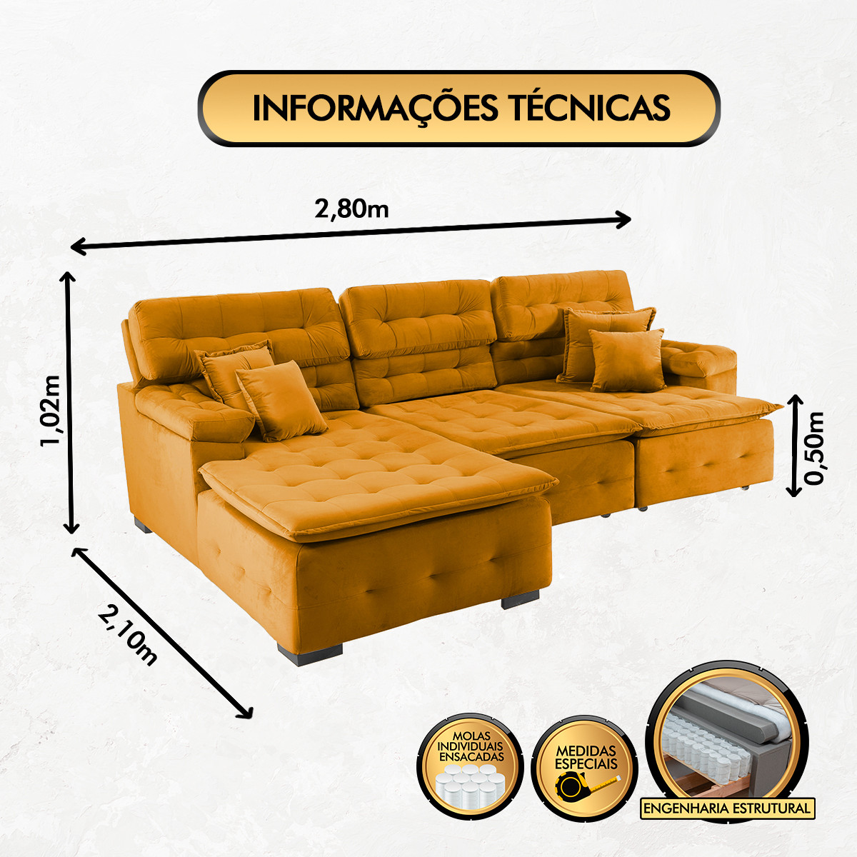 Sofá Orlando 2.80x2.10m com Chaise, Retrátil e Reclinável - Terra