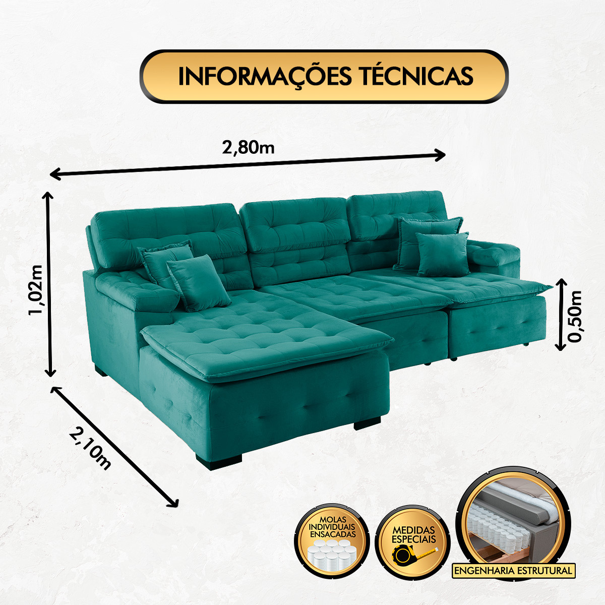 Sofá Orlando 2.80x2.10m com Chaise, Retrátil e Reclinável - Verde