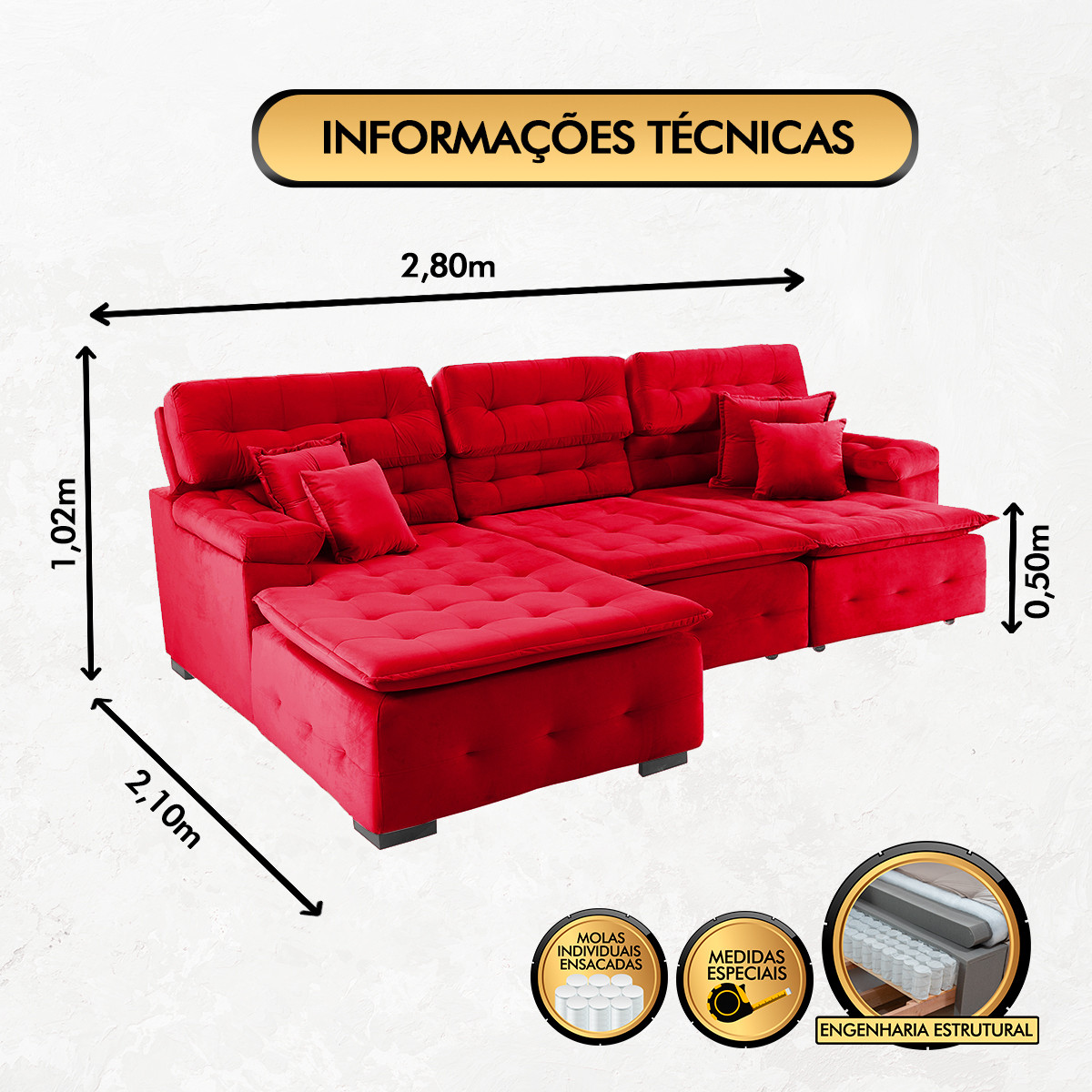 Sofá Orlando 2.80x2.10m com Chaise, Retrátil e Reclinável - Vermelho