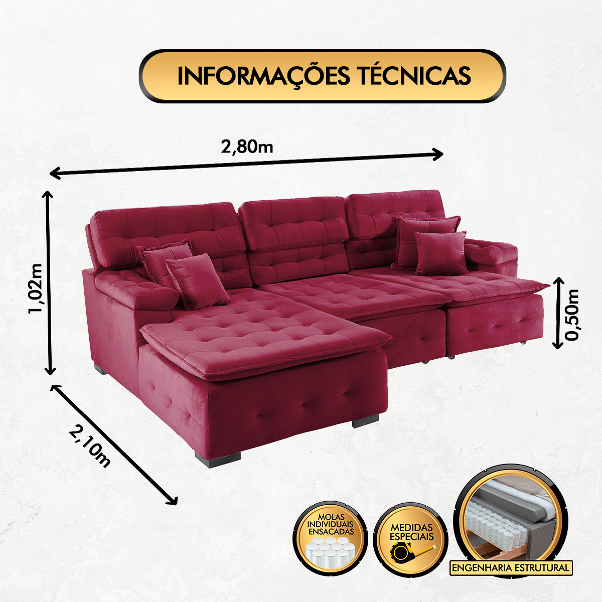 Sofá Orlando 2.80x2.10m com Chaise, Retrátil e Reclinável - Vinho