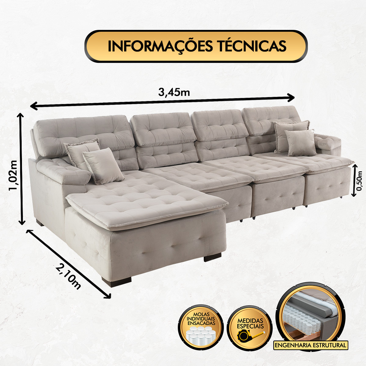 Sofá Orlando 3.45x2.10m com Chaise, Retrátil e Reclinável - Avelã