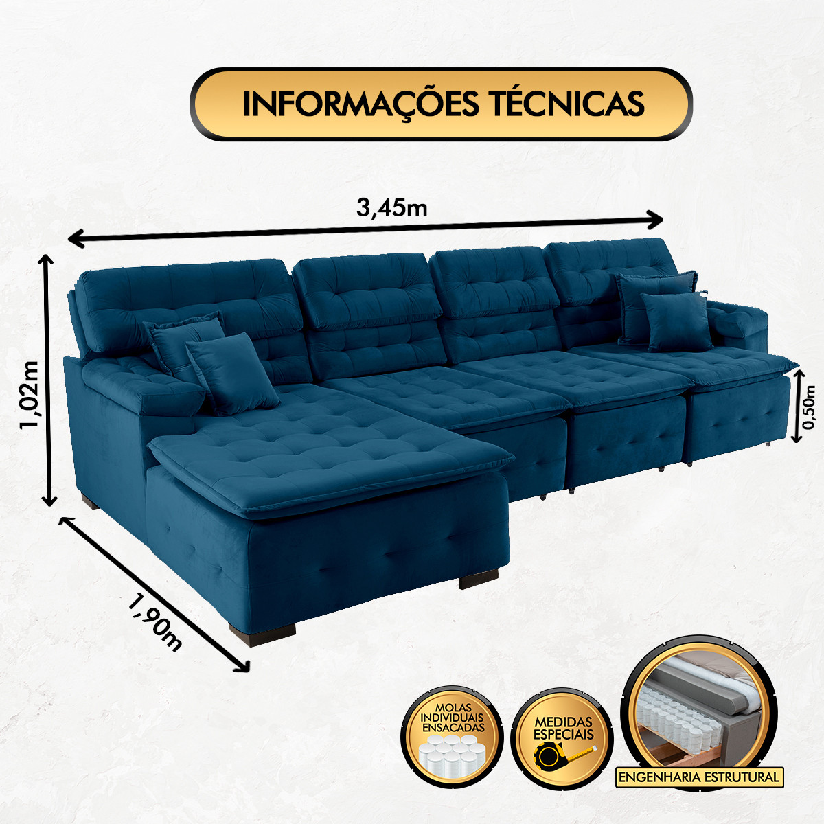 Sofá Orlando 3.45x1.90m com Chaise, Retrátil e Reclinável - Azul.