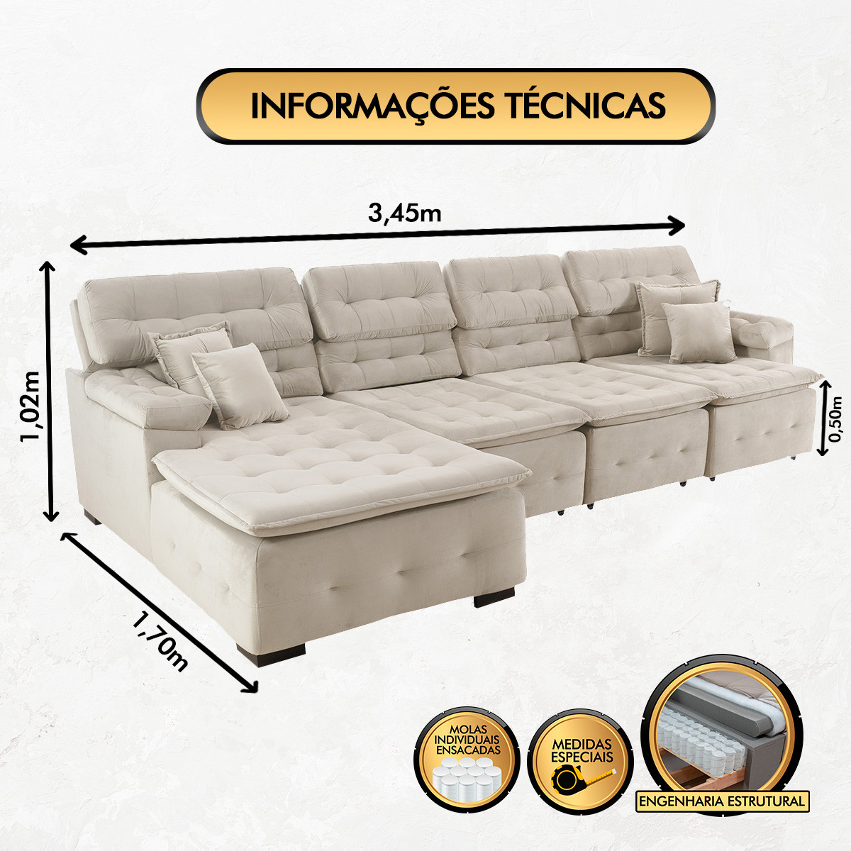 Sofá Orlando 3.30x2.10m com Chaise, Retrátil e Reclinável - Bege