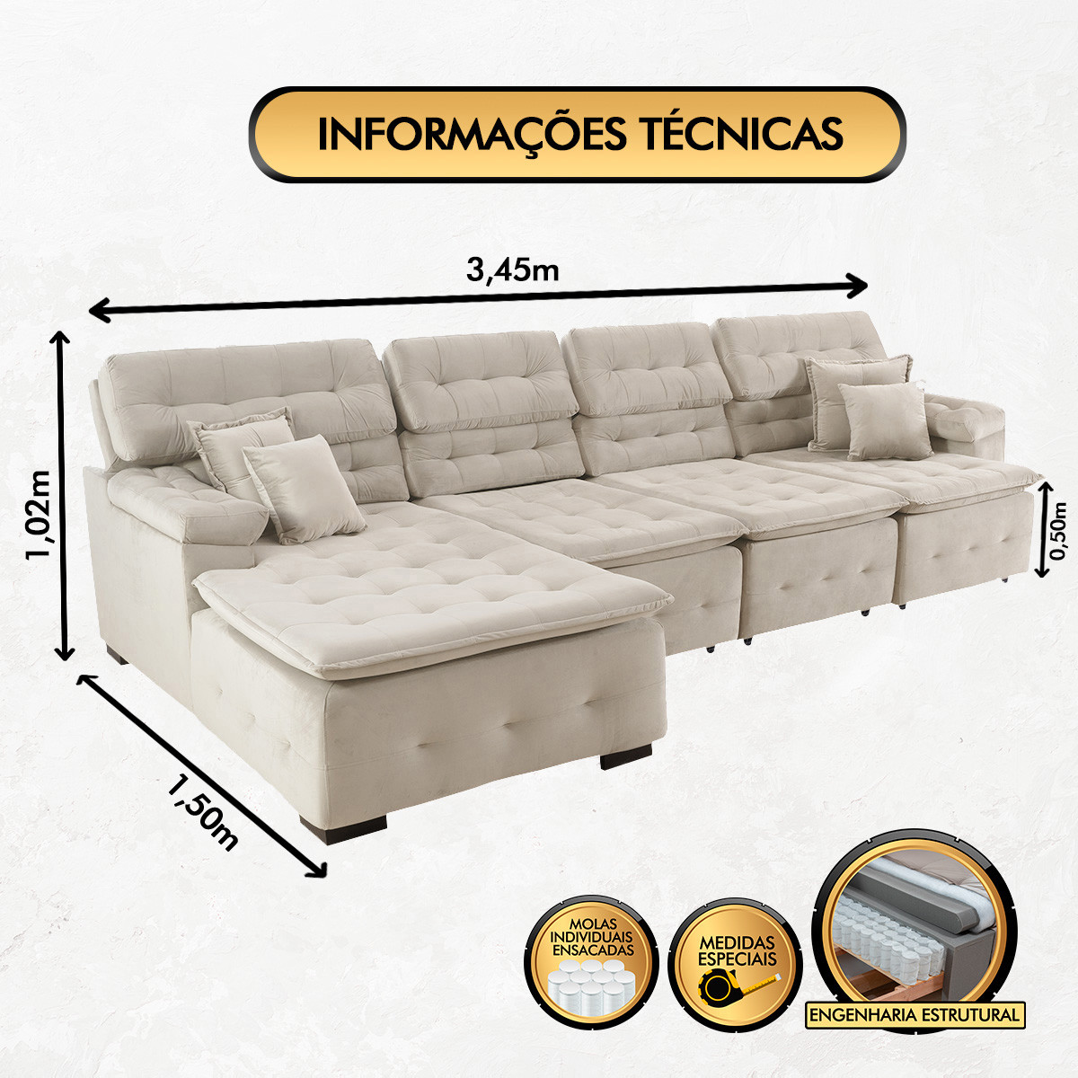 Sofá Orlando 3.45x1.50m com Chaise, Retrátil e Reclinável - Bege