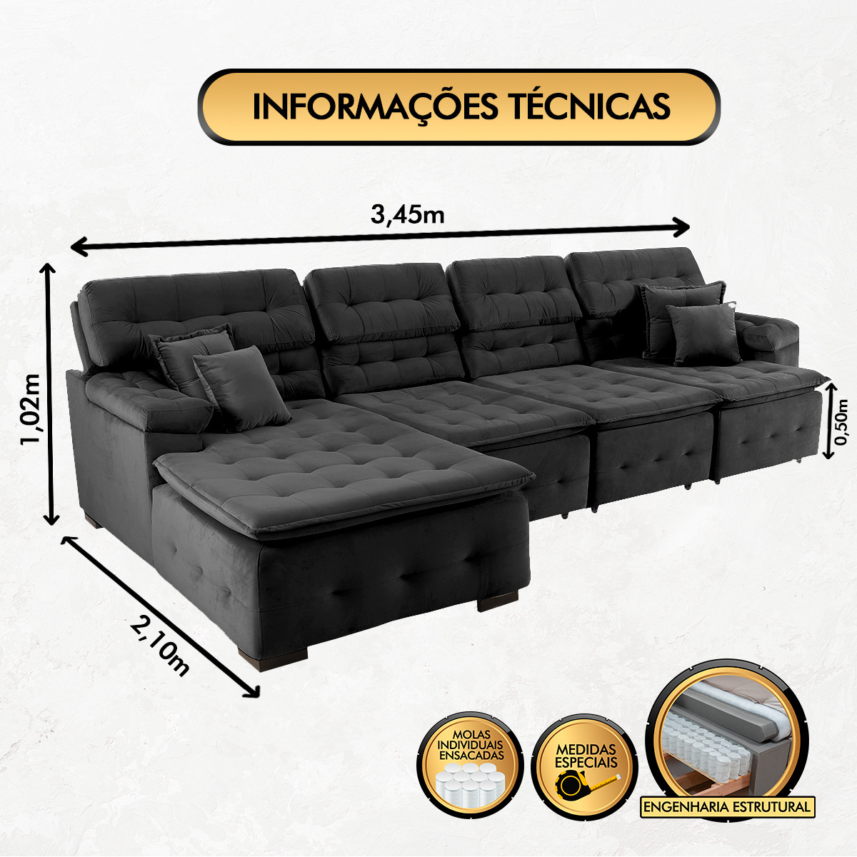 Sofá Orlando 3.45x2.10m com Chaise, Retrátil e Reclinável - Preto