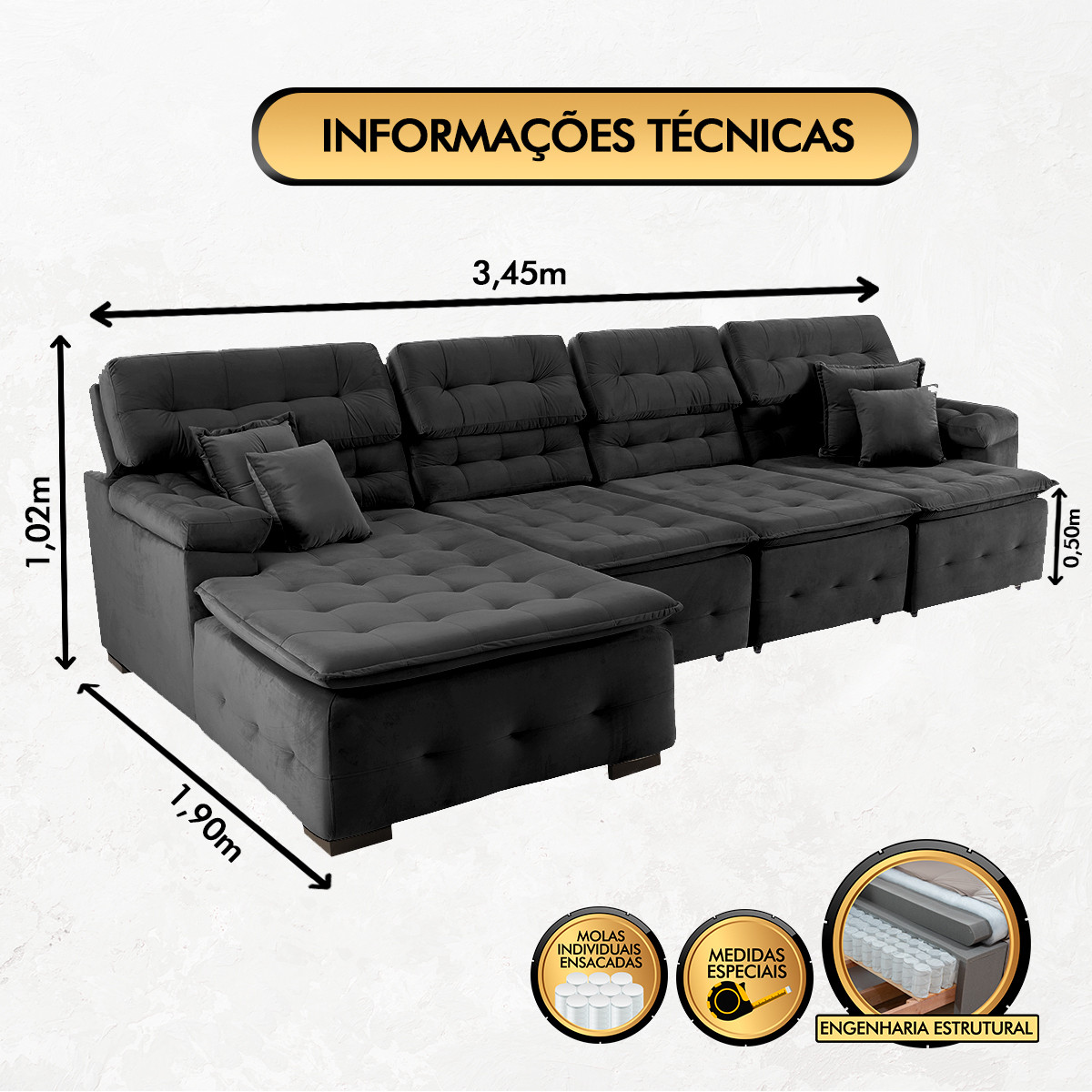 Sofá Orlando 3.45x1.90m com Chaise, Retrátil e Reclinável - Preto