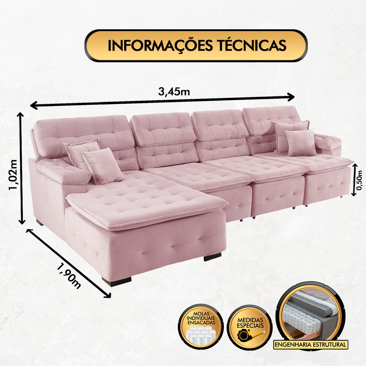 Sofá Orlando 3.45x1.90m com Chaise, Retrátil e Reclinável