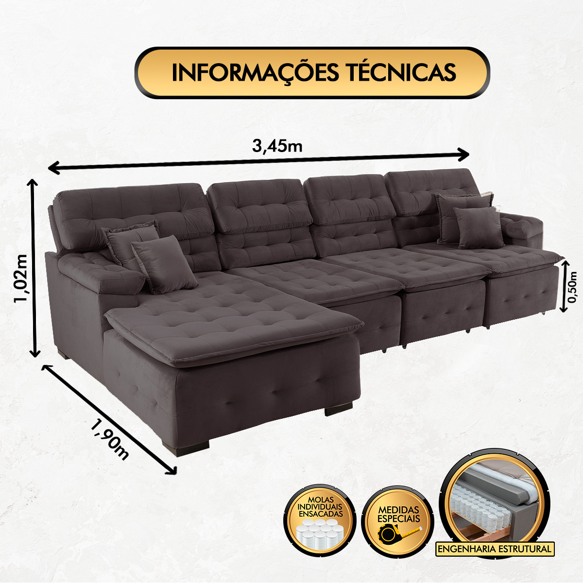 Sofá Orlando 3.45x1.90m com Chaise, Retrátil e Reclinável - Marrom