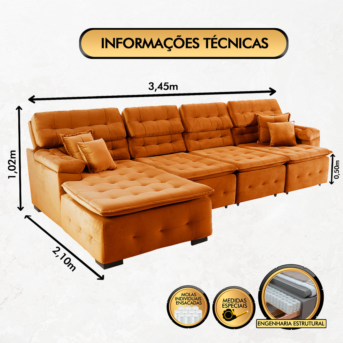 Sofá Orlando 3.45x2.10m com Chaise, Retrátil e Reclinável - Terra