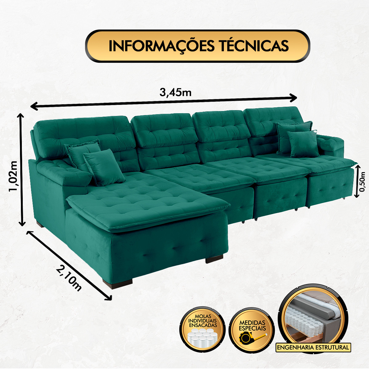 Sofá Orlando 3.45x2.10m com Chaise, Retrátil e Reclinável - Verde