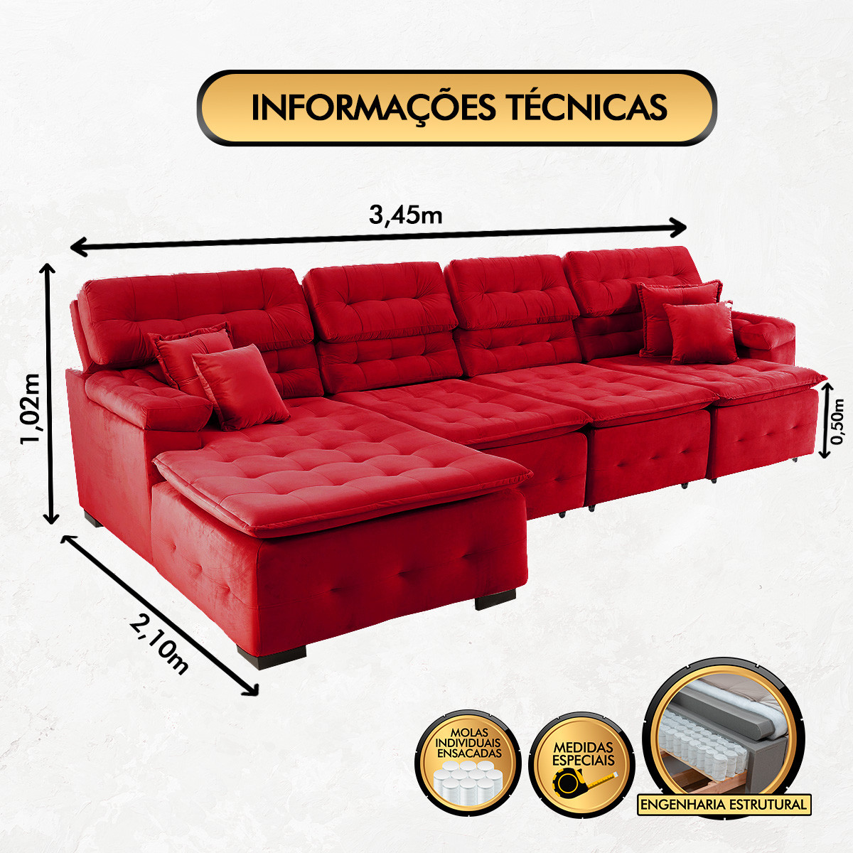 Sofá Orlando 3.45x2.10m com Chaise, Retrátil e Reclinável - Vermelho