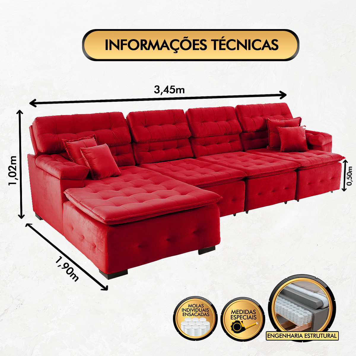 Sofá Orlando 3.45x1.90m com Chaise, Retrátil e Reclinável - Vermelho