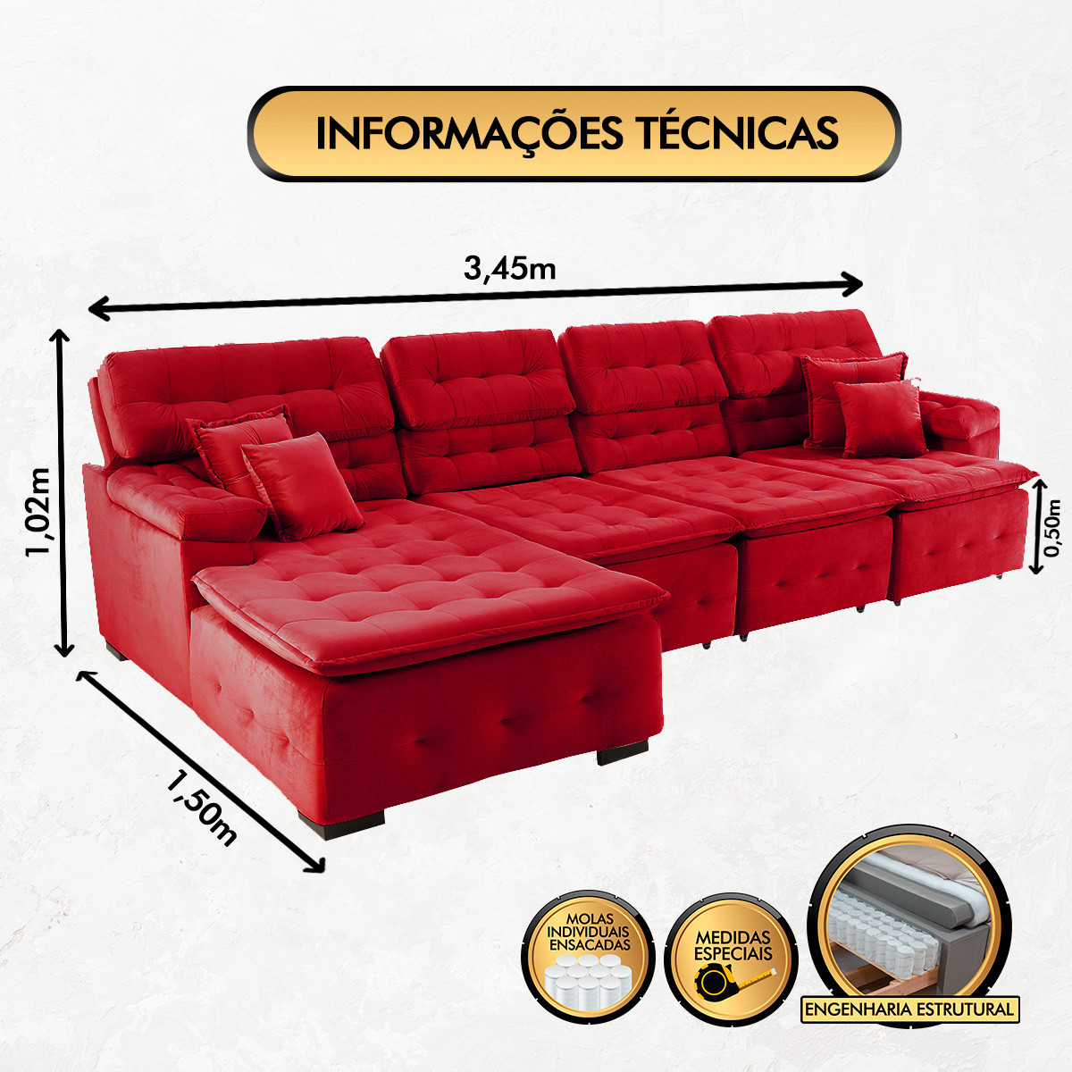 Sofá Orlando 3.45x1.50m com Chaise, Retrátil e Reclinável - Vermelho