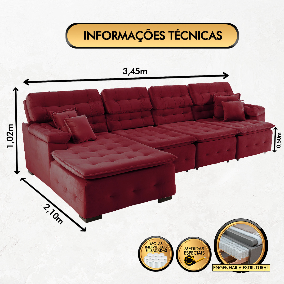 Sofá Orlando 3.45x2.10m com Chaise, Retrátil e Reclinável - Vinho