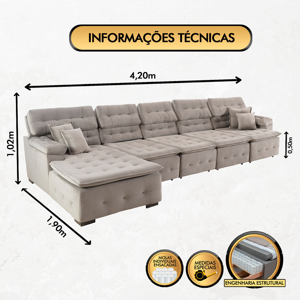 Sofá Orlando 4.20x1.90m com Chaise, Retrátil e Reclinável - Avelã