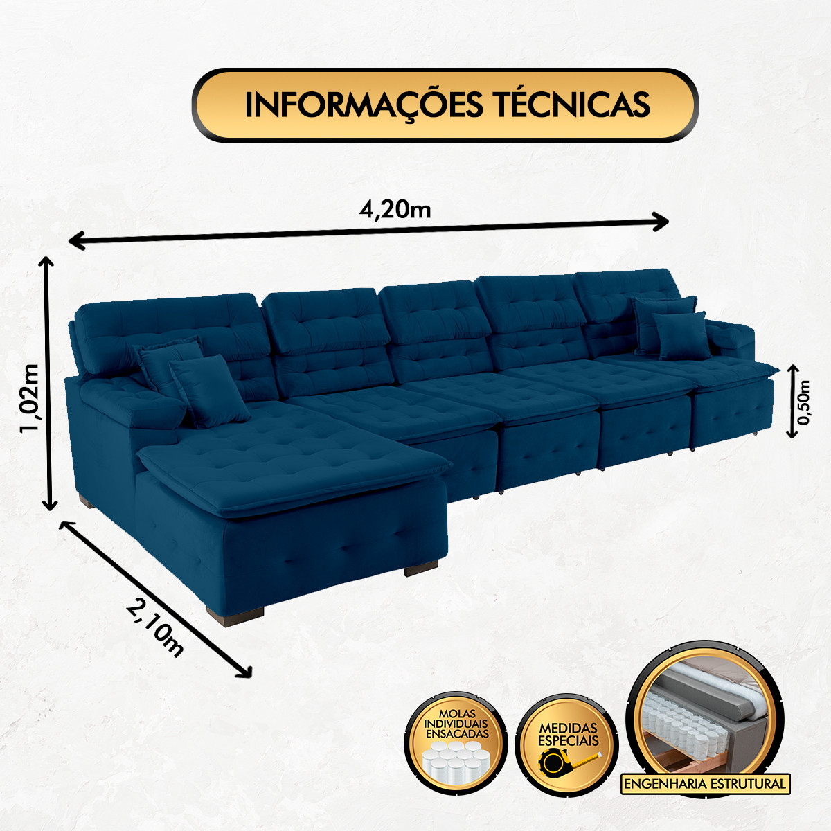 Sofá Orlando 4.20x2.10m com Chaise, Retrátil e Reclinável - Azul