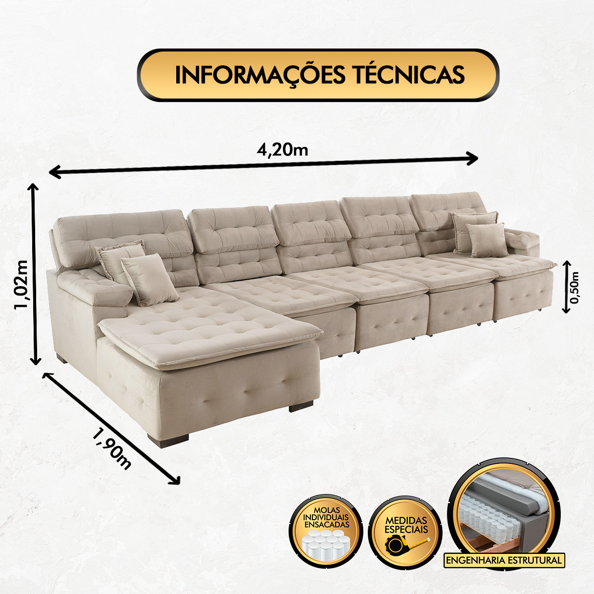 Sofá Orlando 4.20x1.90m com Chaise, Retrátil e Reclinável - Bege