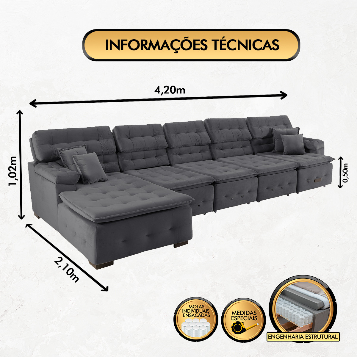 Sofá Orlando 4.20x2.10m com Chaise, Retrátil e Reclinável