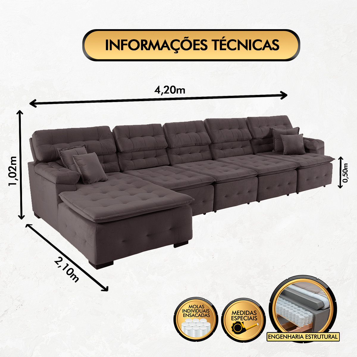 Sofá Orlando 4.20x2.10m com Chaise, Retrátil e Reclinável - Marrom