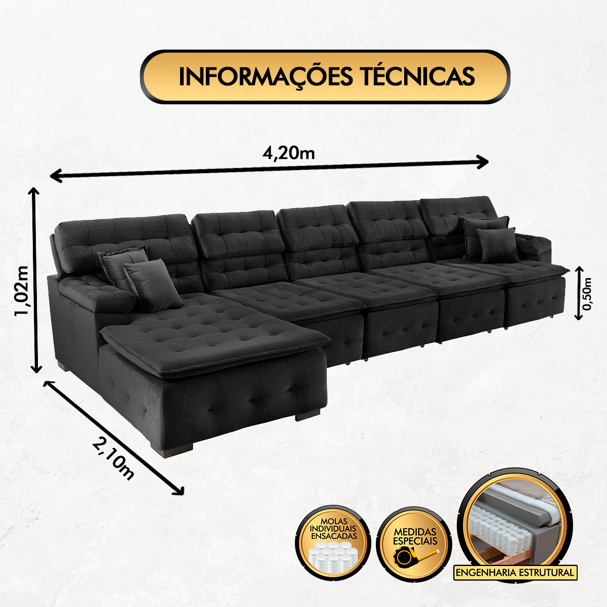 Sofá Orlando 4.20x2.10m com Chaise, Retrátil e Reclinável - Preto