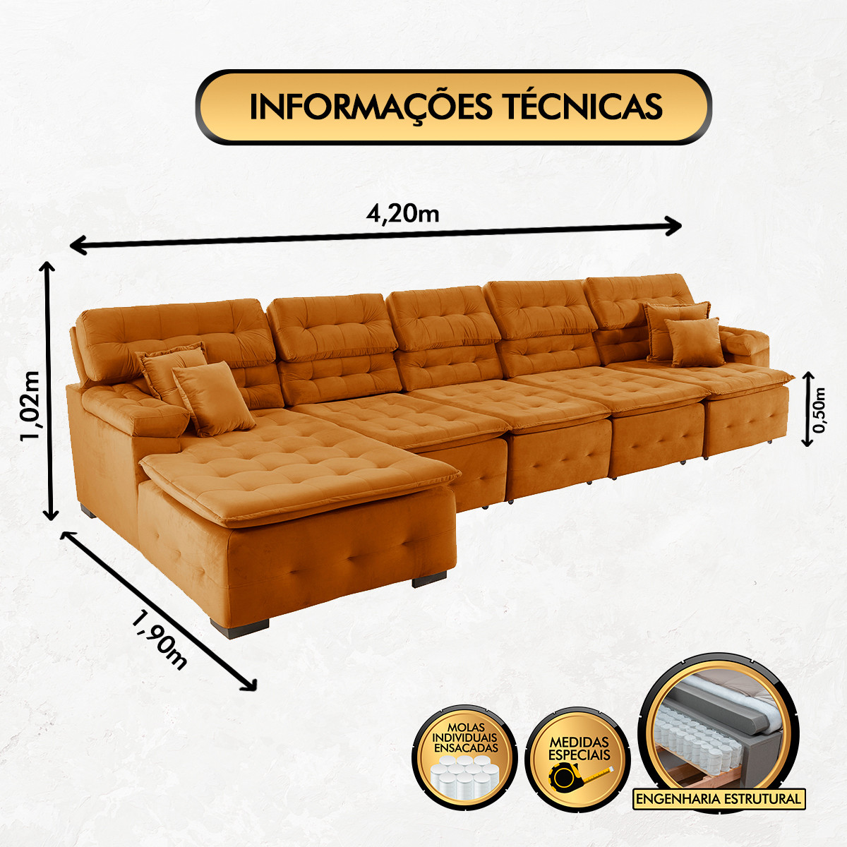 Sofá Orlando 4.20x1.90m com Chaise, Retrátil e Reclinável - Terra