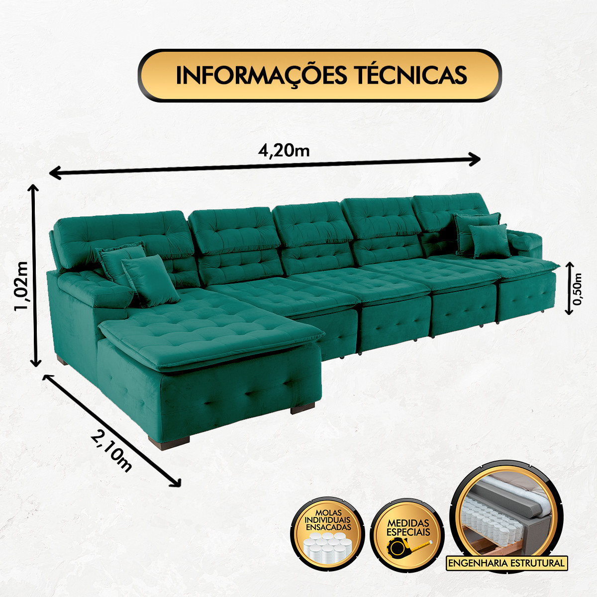 Sofá Orlando 4.20x2.10m com Chaise, Retrátil e Reclinável - Verde