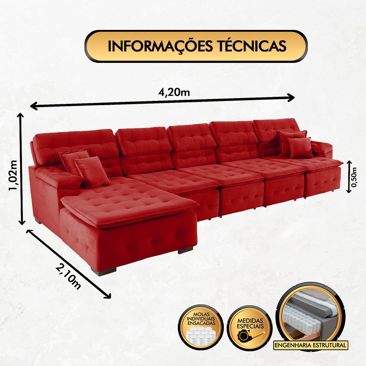 Sofá Orlando 4.20x2.10m com Chaise, Retrátil e Reclinável - Vermelho