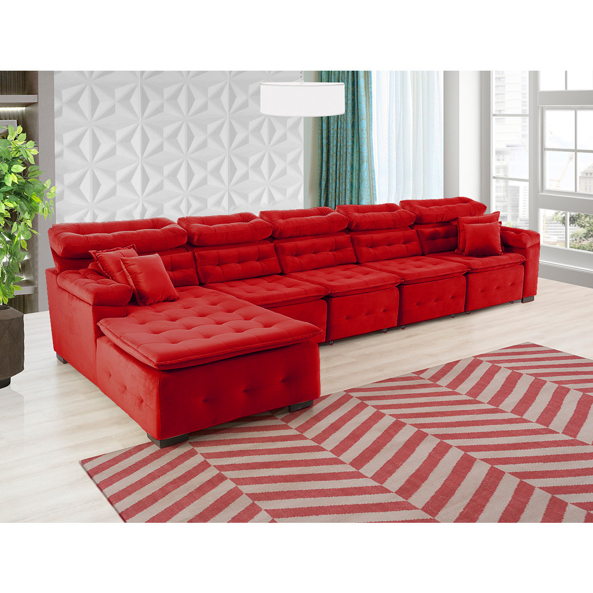 Sofá Orlando 4.20x1.50m com Chaise, Retrátil e Reclinável - Vermelho