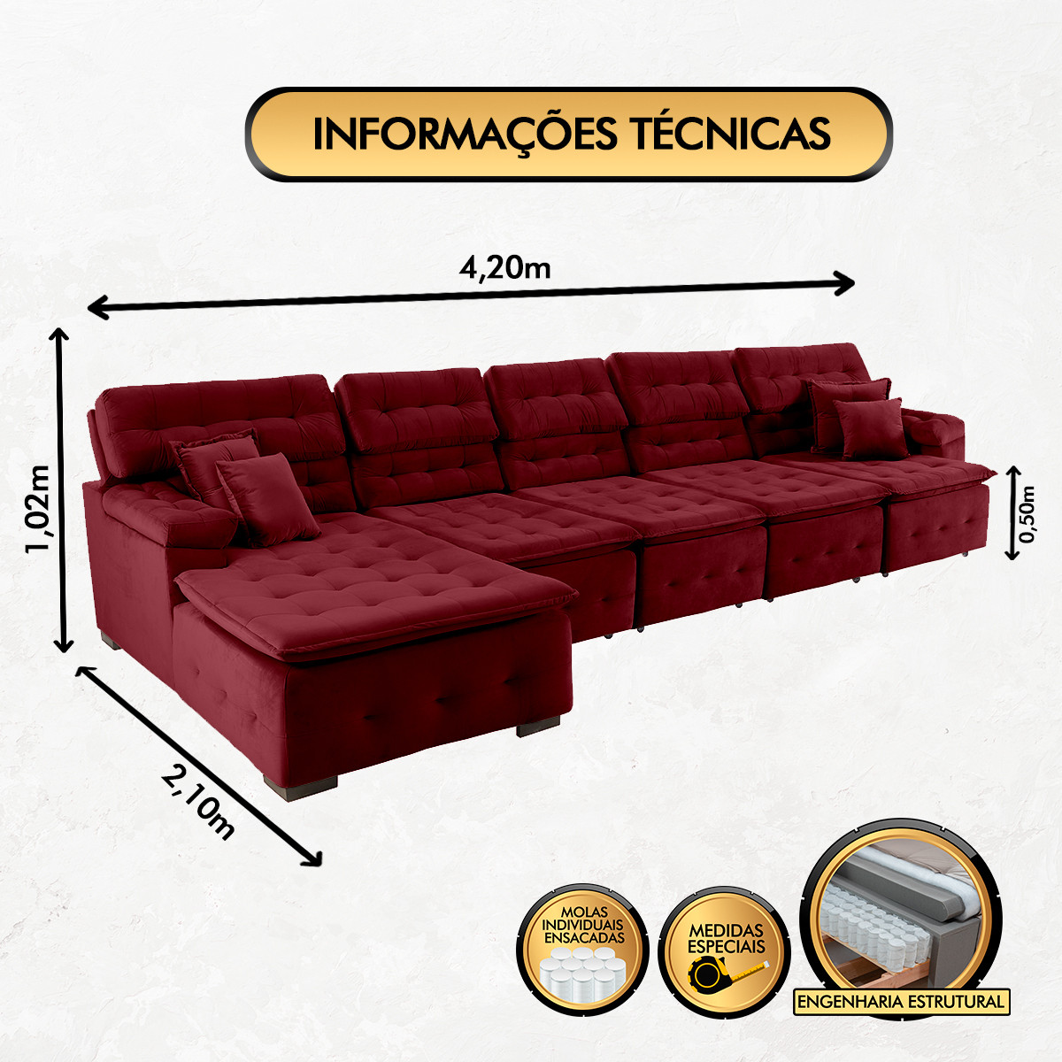 Sofá Orlando 4.20x2.10m com Chaise, Retrátil e Reclinável - Vinho