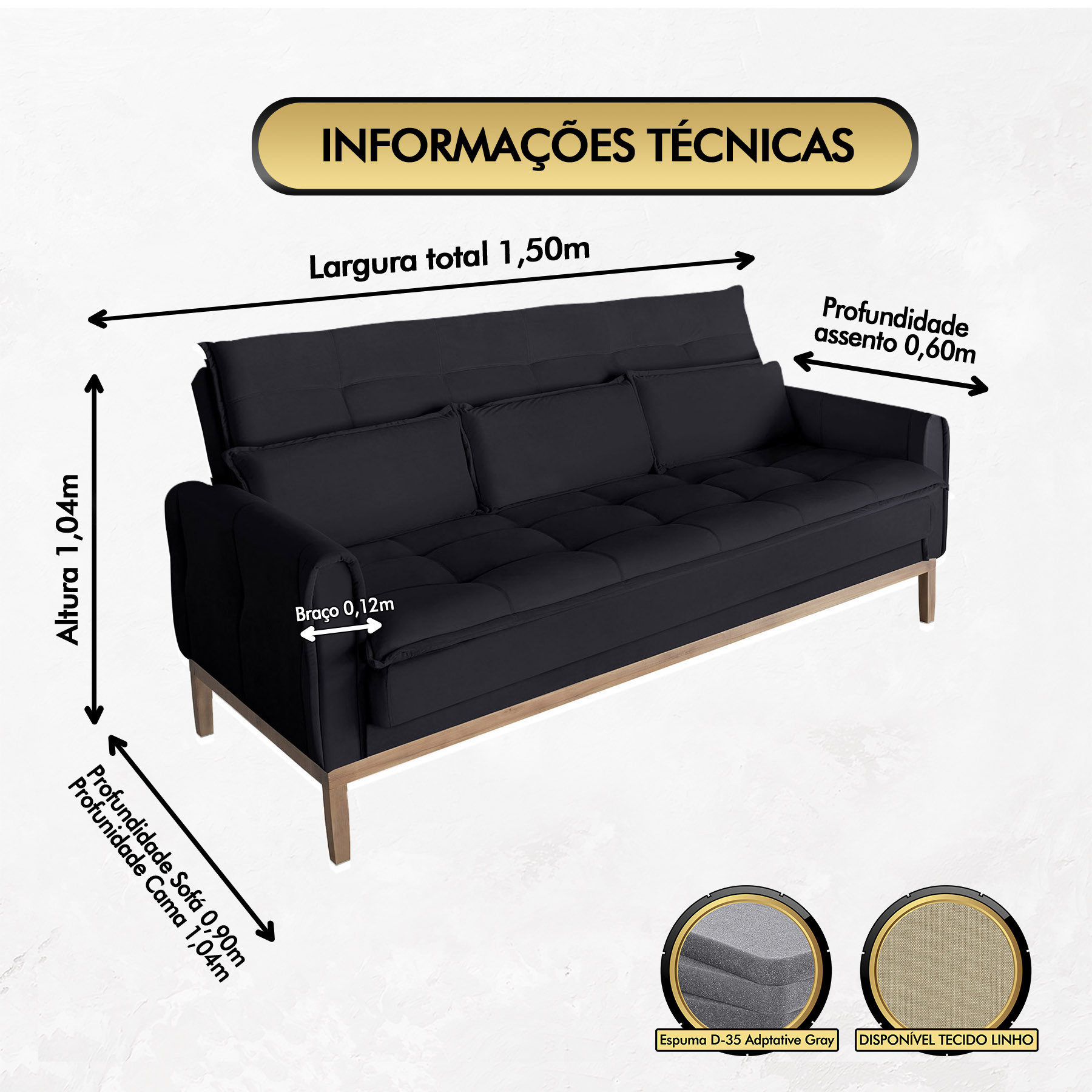 Sofá Cama Rivieira 1.50m - Preto