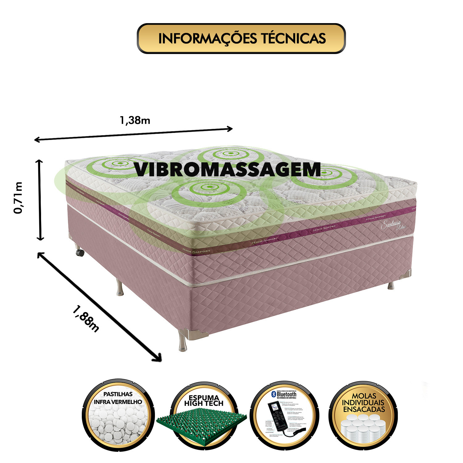 Conjunto Box Sintuoso com Molas, Vibro Massagem e Magnético 1.38x1.88m Casal