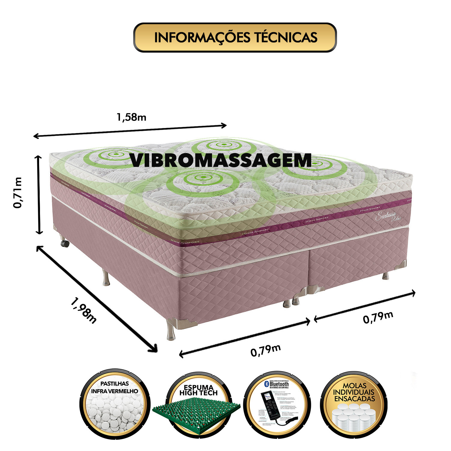 Conjunto Box Sintuoso com Molas, Vibro Massagem e Magnético 1.58x1.98m Queen