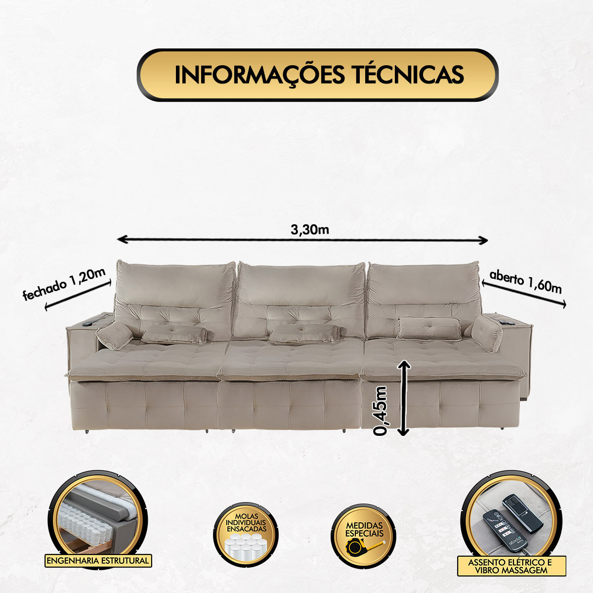 Sofá Fusion 3.30m Elétrico com USB e Vibro Massagem - Avelã