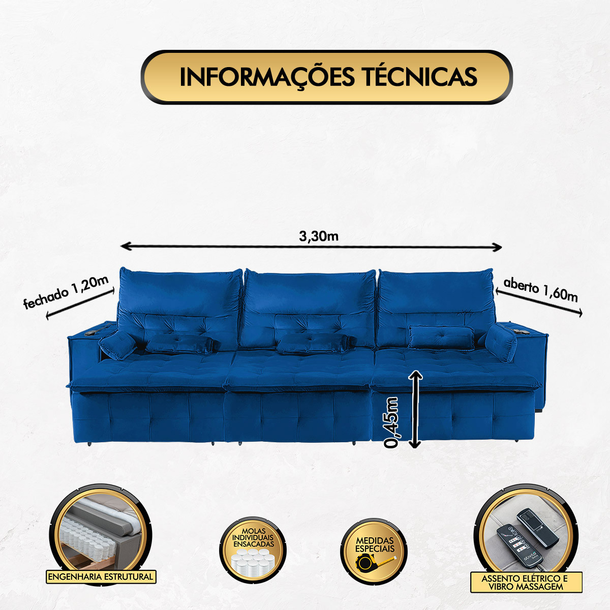 Sofá Fusion 3.30m Elétrico com USB e Vibro Massagem - Azul