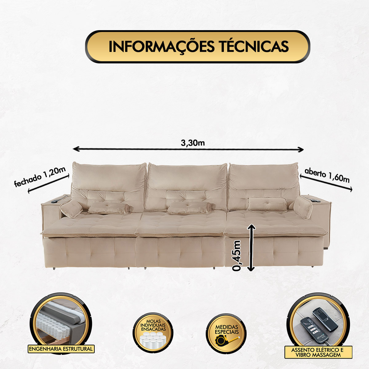 Sofá Fusion 3.30m Elétrico com USB e Vibro Massagem - Bege