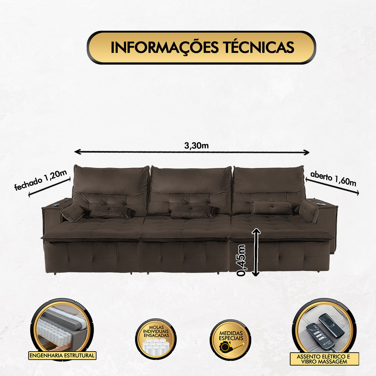 Sofá Fusion 3.30m Elétrico com USB e Vibro Massagem - Marrom