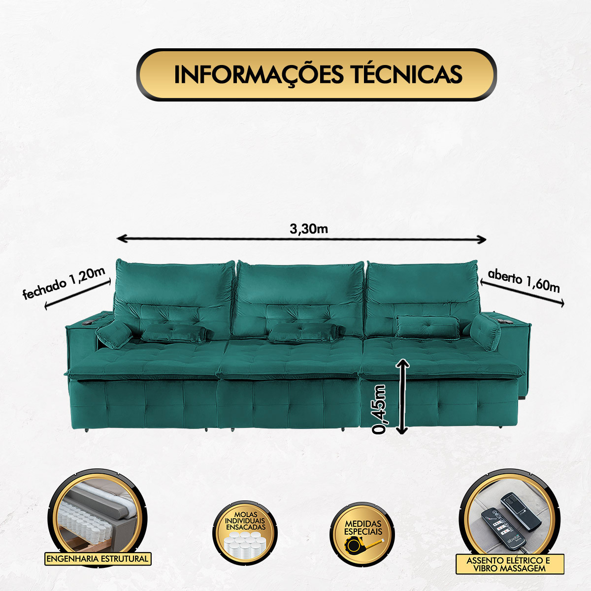 Sofá Fusion 3.30m Elétrico com USB e Vibro Massagem - Verde