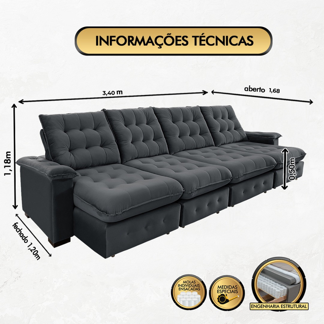 Sofá Coliseu 3.40m Retrátil e Reclinável Super Pillow - Chumbo