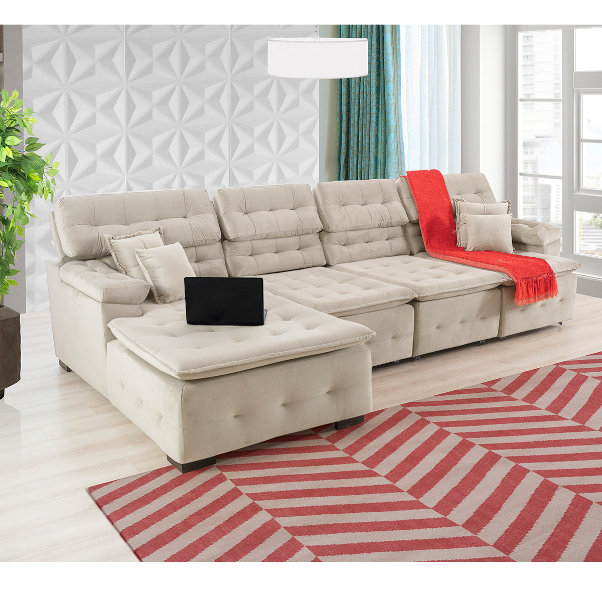 Sofá Orlando 3.45x2.10m com Chaise, Retrátil e Reclinável -  Bege