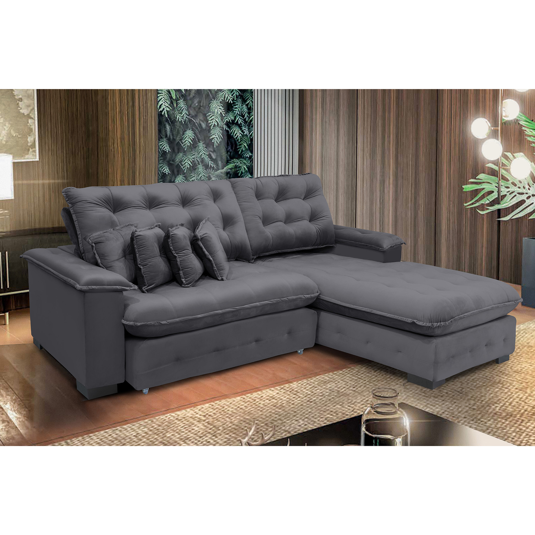 Sofá Berlin 2.65x1.70m com Chaise Super Pillow Top - Chumbo