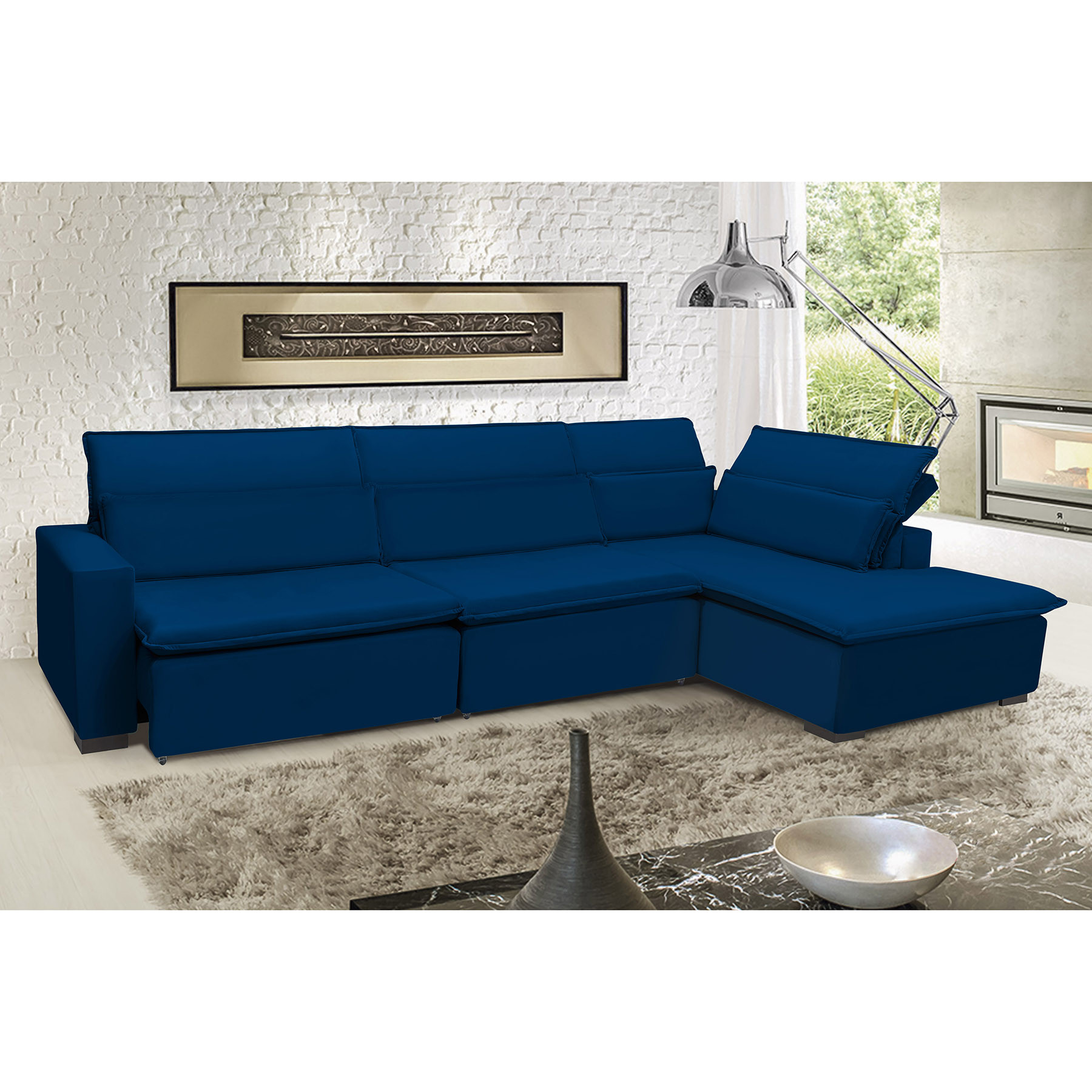 Sofá Istambul 3.80x2.10m Retrátil e Reclinável com Chaise - Azul