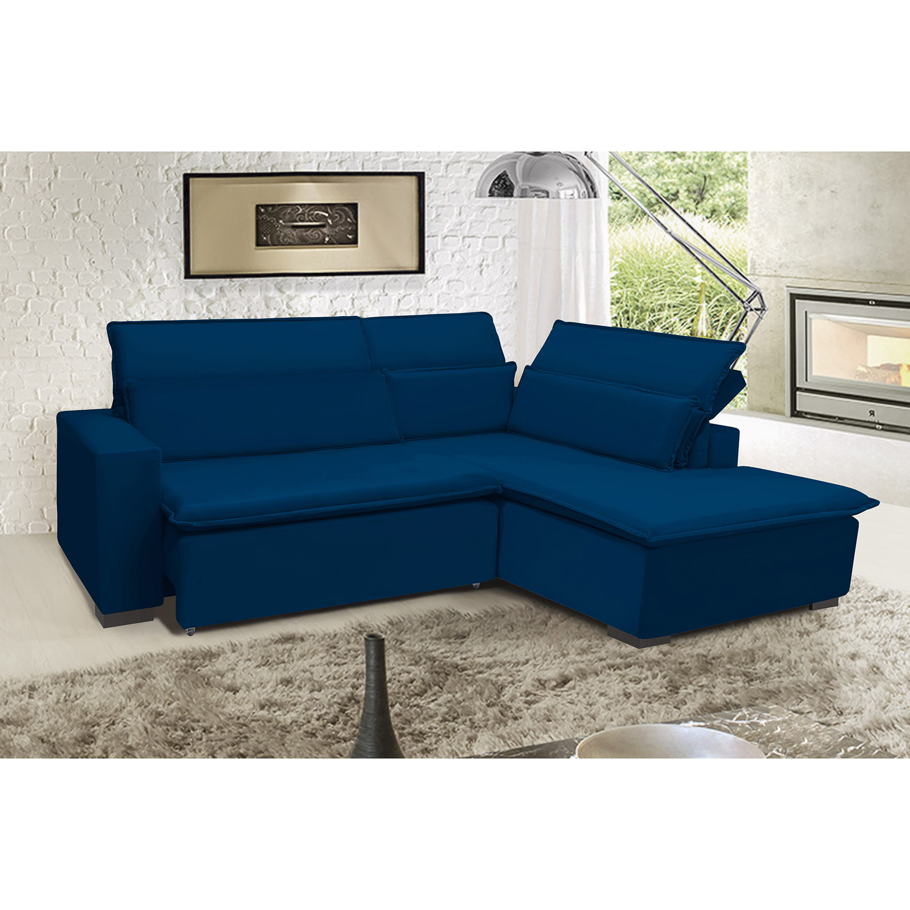 Sofá Istambul 2.60x2.10m Retrátil e Reclinável com Chaise - Azul