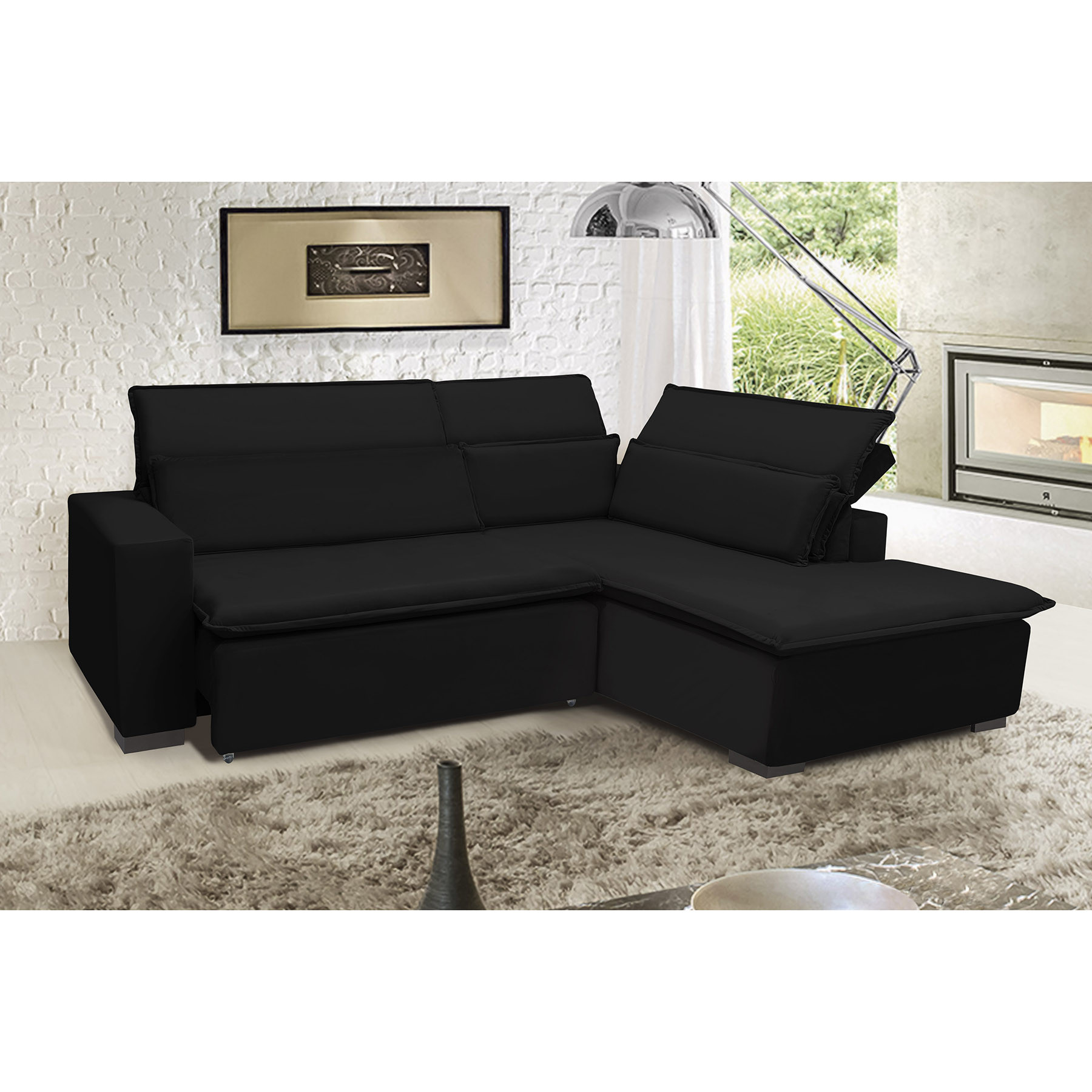 Sofá Istambul 2.60x2.10m Retrátil e Reclinável com Chaise - Preto