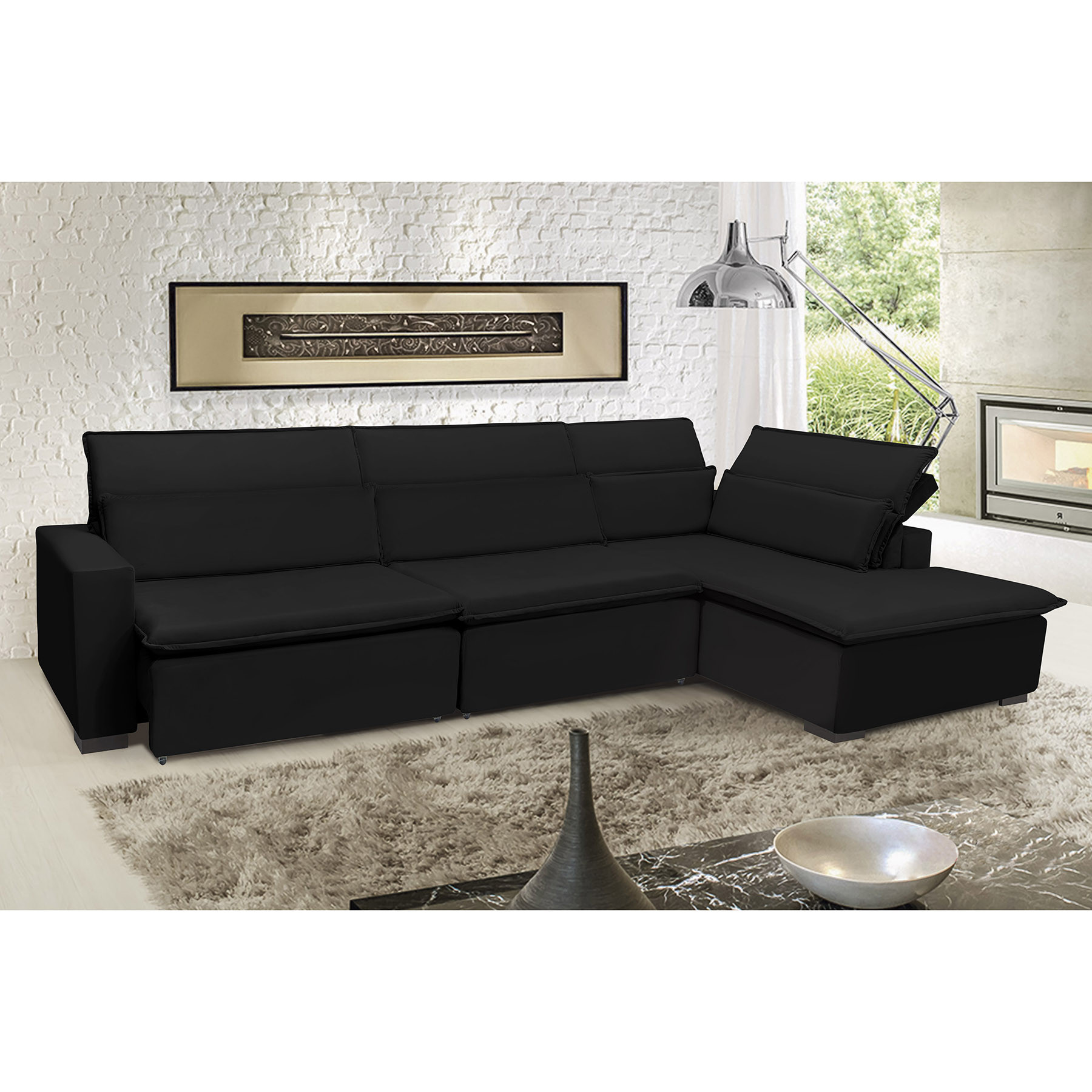 Sofá Istambul 3.80x2.10m Retrátil e Reclinável com Chaise - Preto