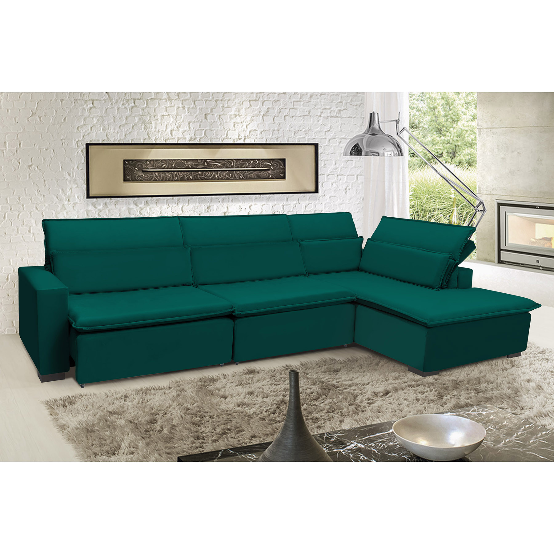 Sofá Istambul 3.80x2.10m Retrátil e Reclinável com Chaise - Verde